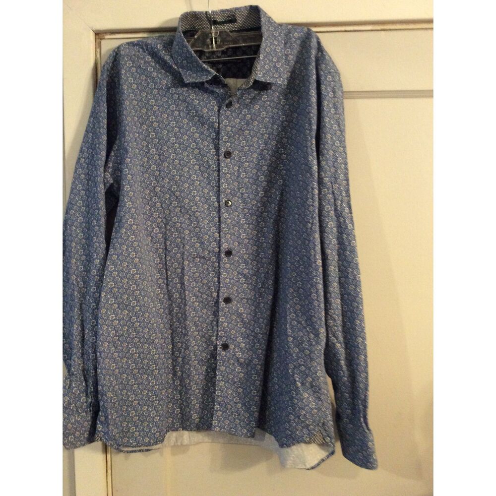 Ted Baker Mens 6 (XXL) Flip Cuff Blue Floral Long Sleeve Button Down Shirt